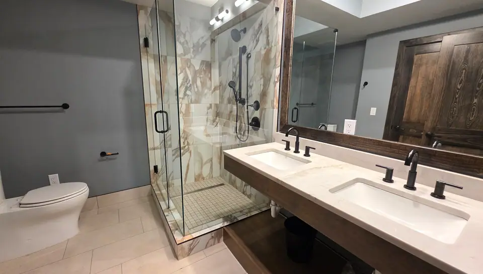 DreamView Poolside bathroom with a walk-in shower